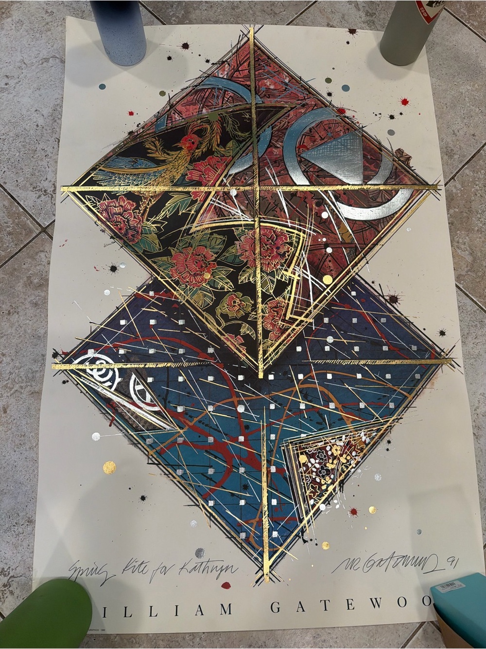 William Gatewood Geometric Floral Art Print — Blue, Red, Gold lithograph signed